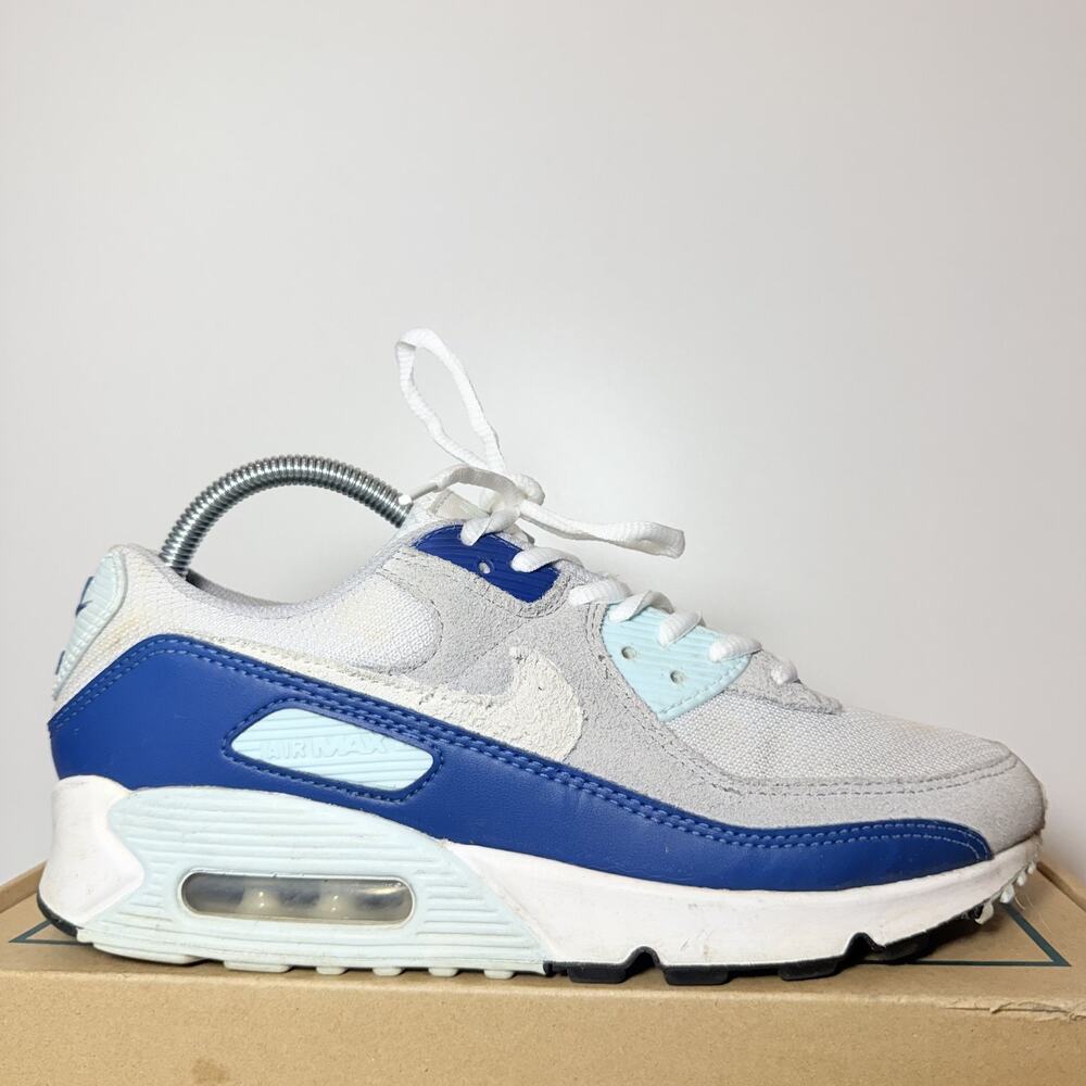 Women's Size 8 Nike Air Max 90 White Royal Blue Grey Athletic Sneakers CD0490